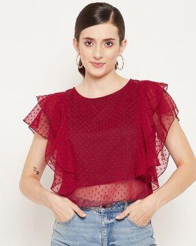 women round-neck relaxed fit ruffled top