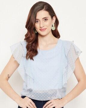 women round-neck relaxed fit ruffled top