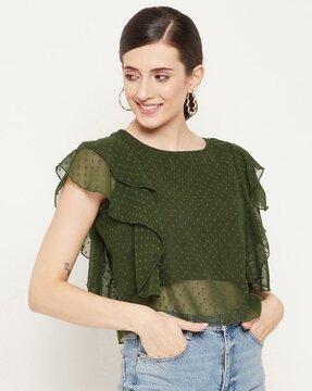 women round-neck relaxed fit ruffled top