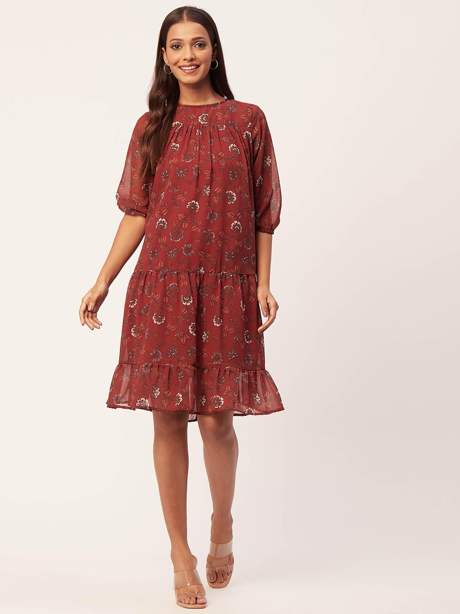 women round neck rust floral printed knee length dress