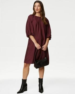 women round-neck shift dress with puff sleeves