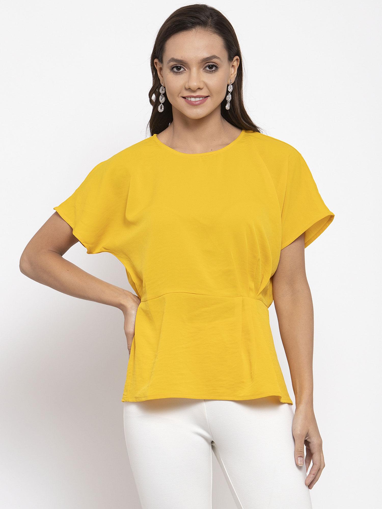 women round neck short sleeves solid yellow color tops