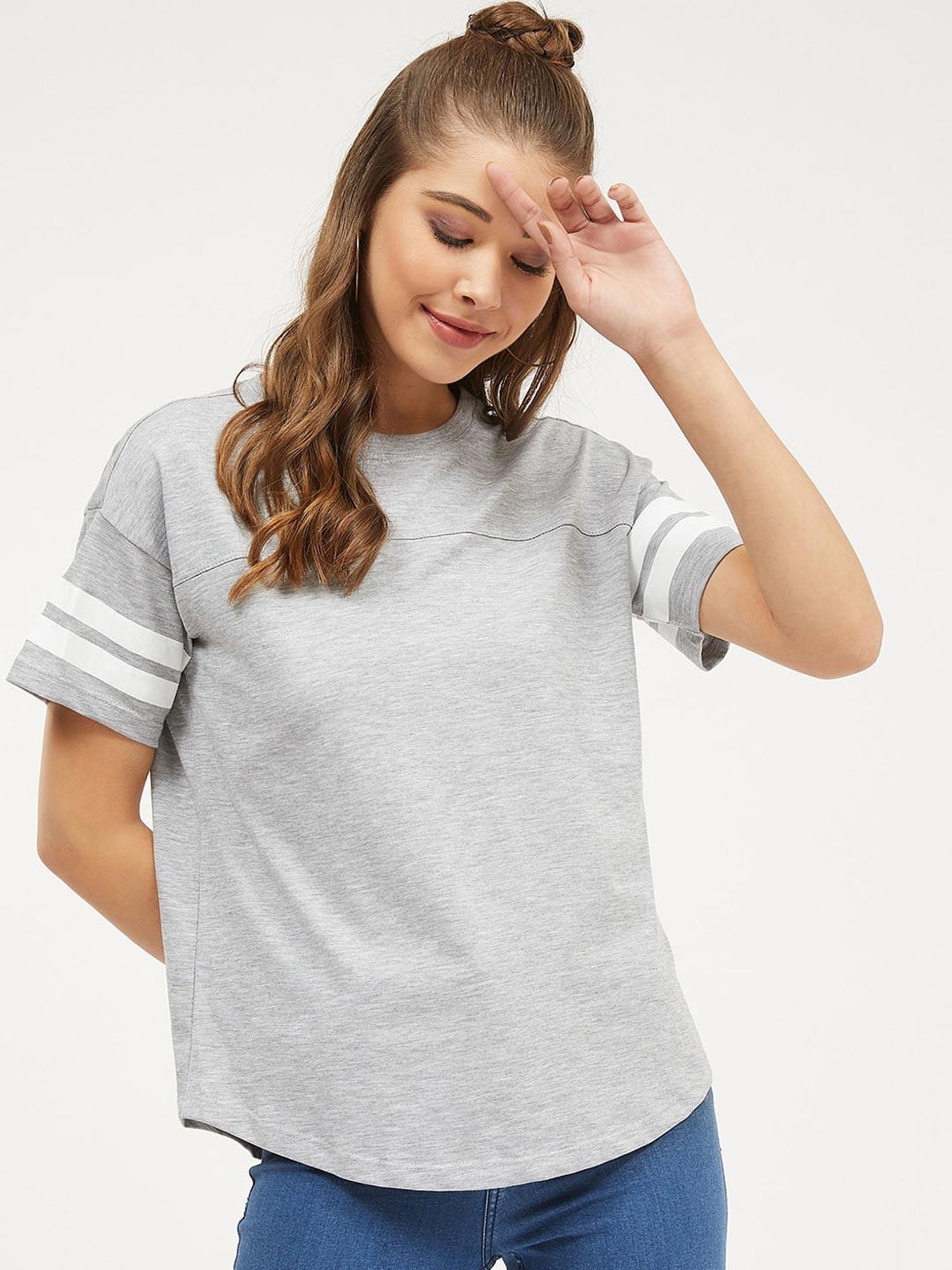 women round neck short sleeves striped t-shirt