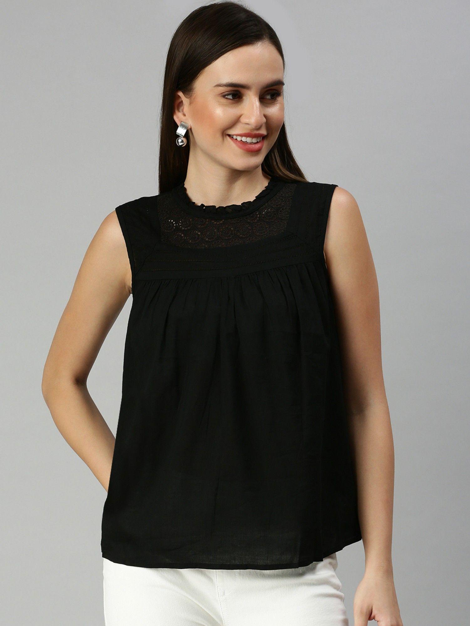 women round neck solid black regular top