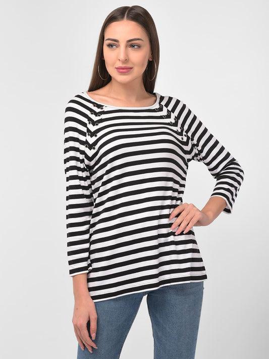 women round neck stripe pearl top