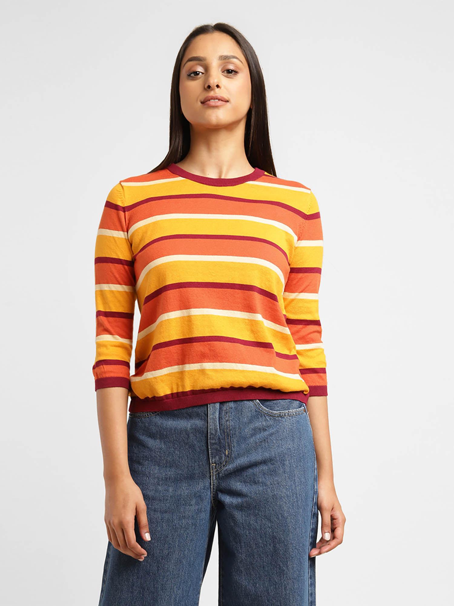 women round neck striped t-shirt-multi-color