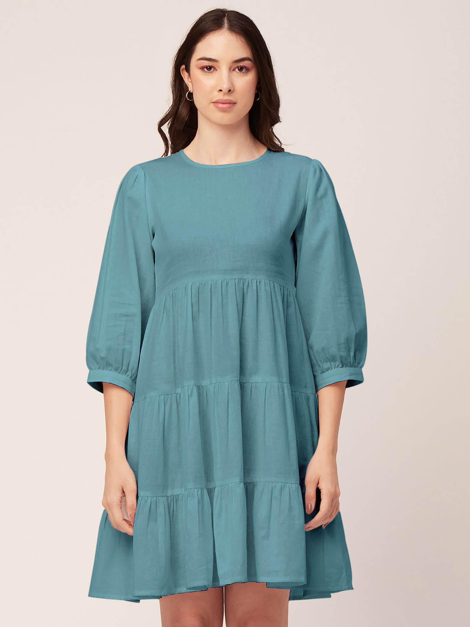 women round neck teal solid knee length dress