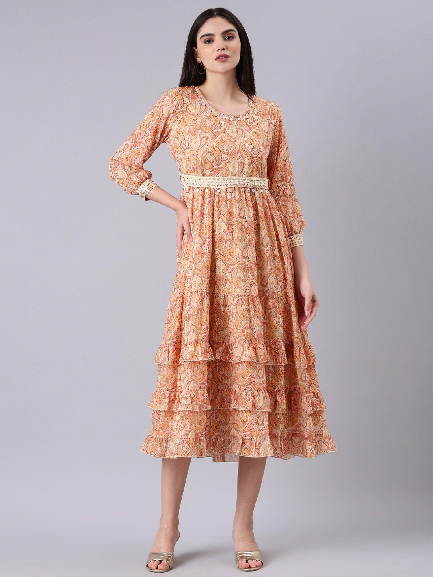 women round neck three fourth sleeves a-line paisley print orange midi dress