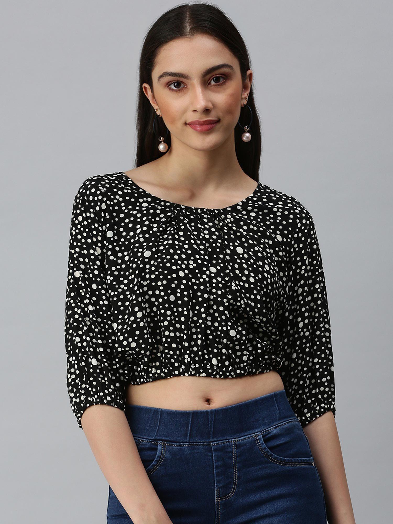 women round neck three fourth sleeves polka dot black crop top