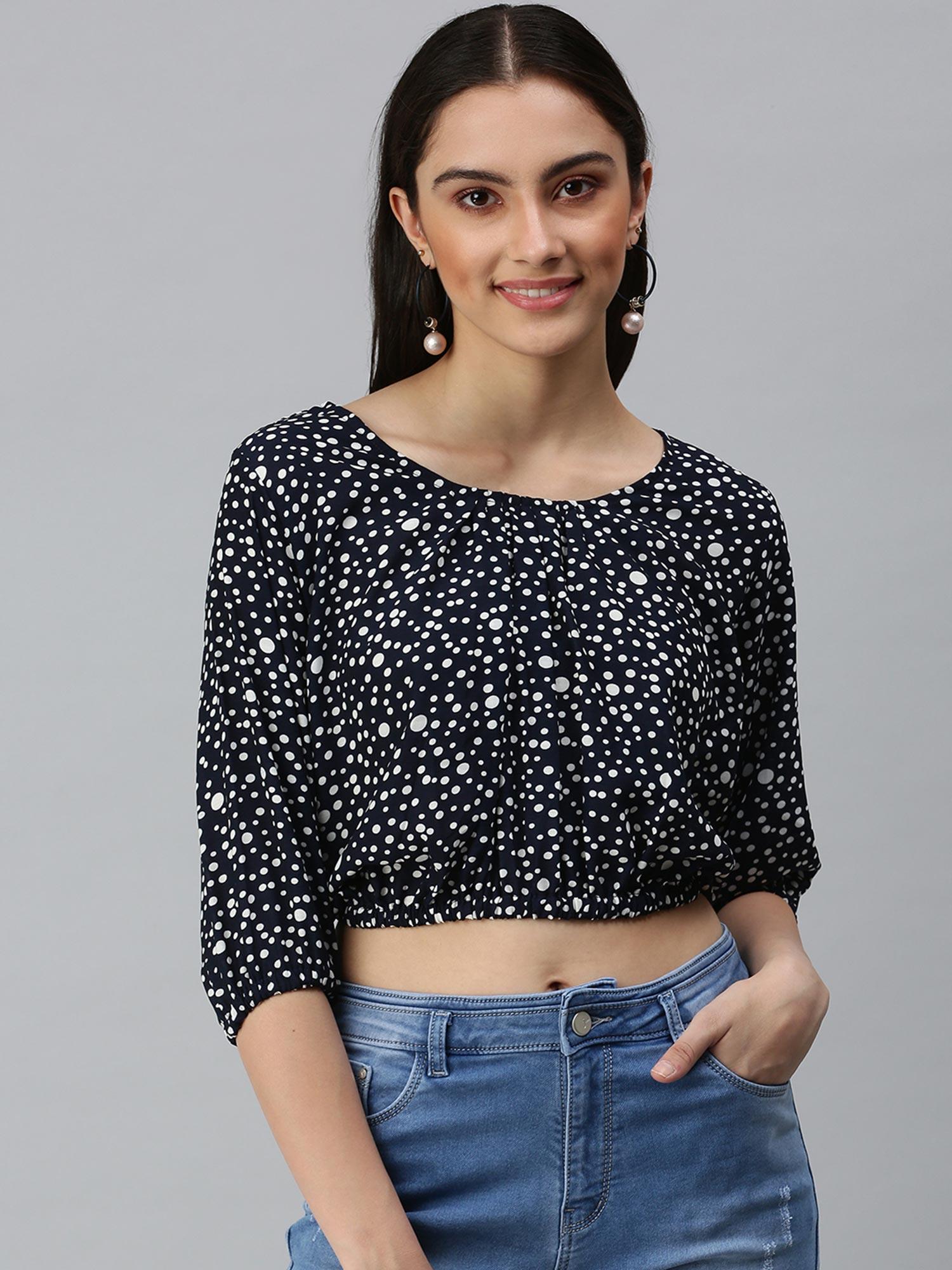 women round neck three fourth sleeves polka dot navy blue crop top