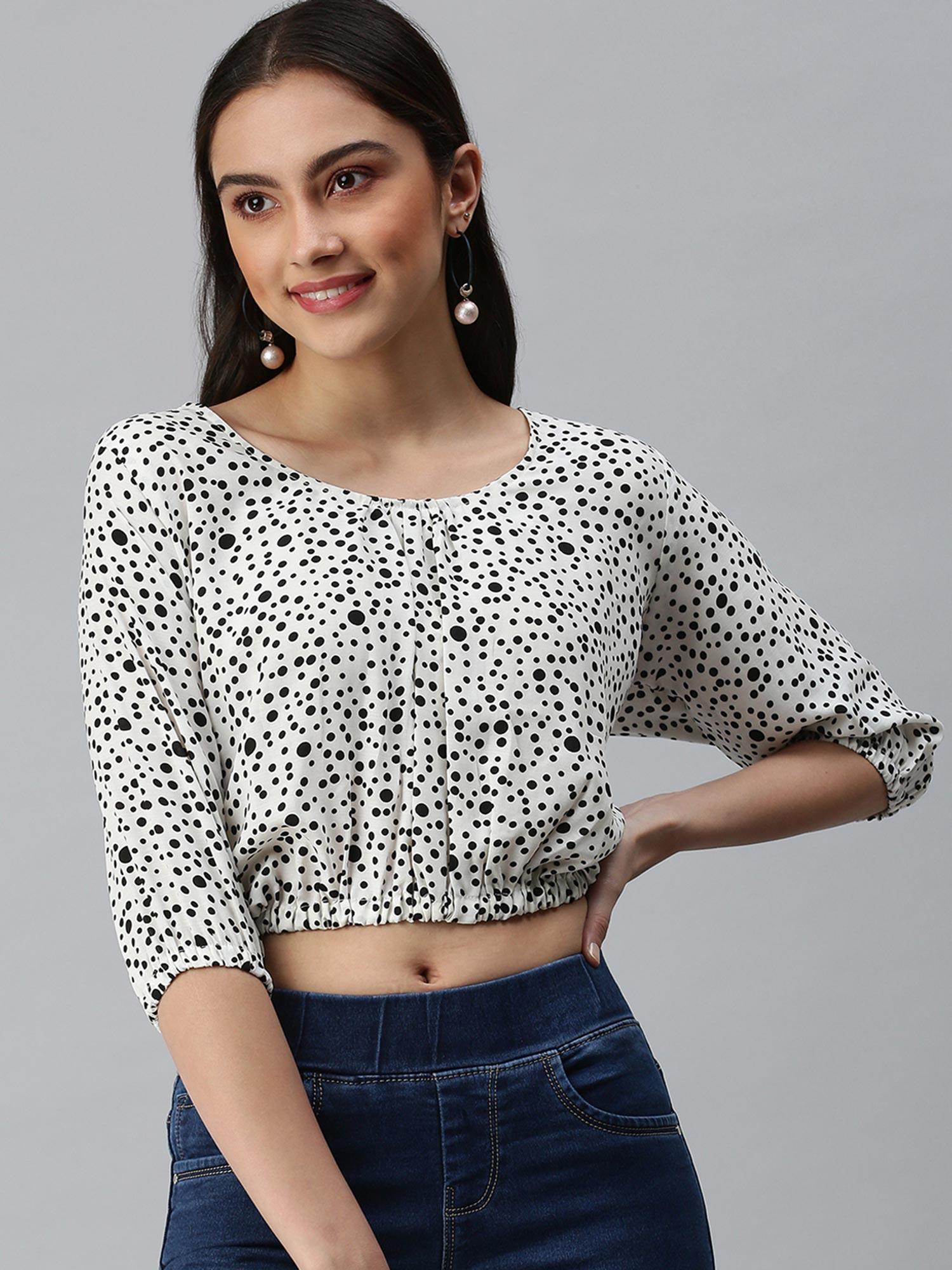 women round neck three fourth sleeves polka dot white crop top