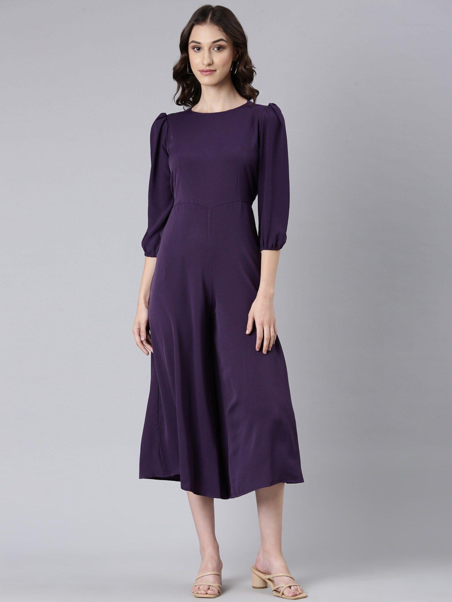 women round neck three fourth sleeves purple solid basic jumpsuit