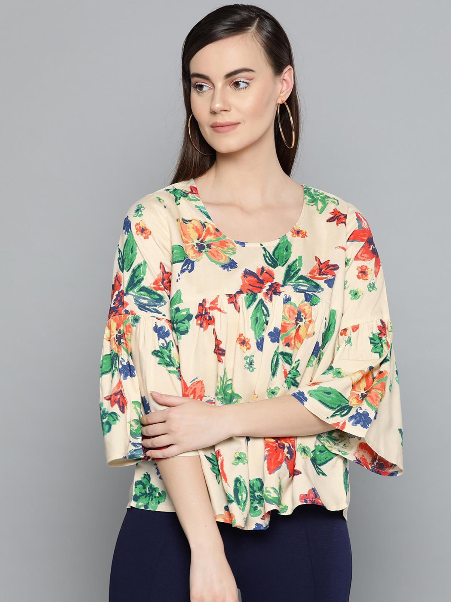 women round neck three-quarter sleeves printed top