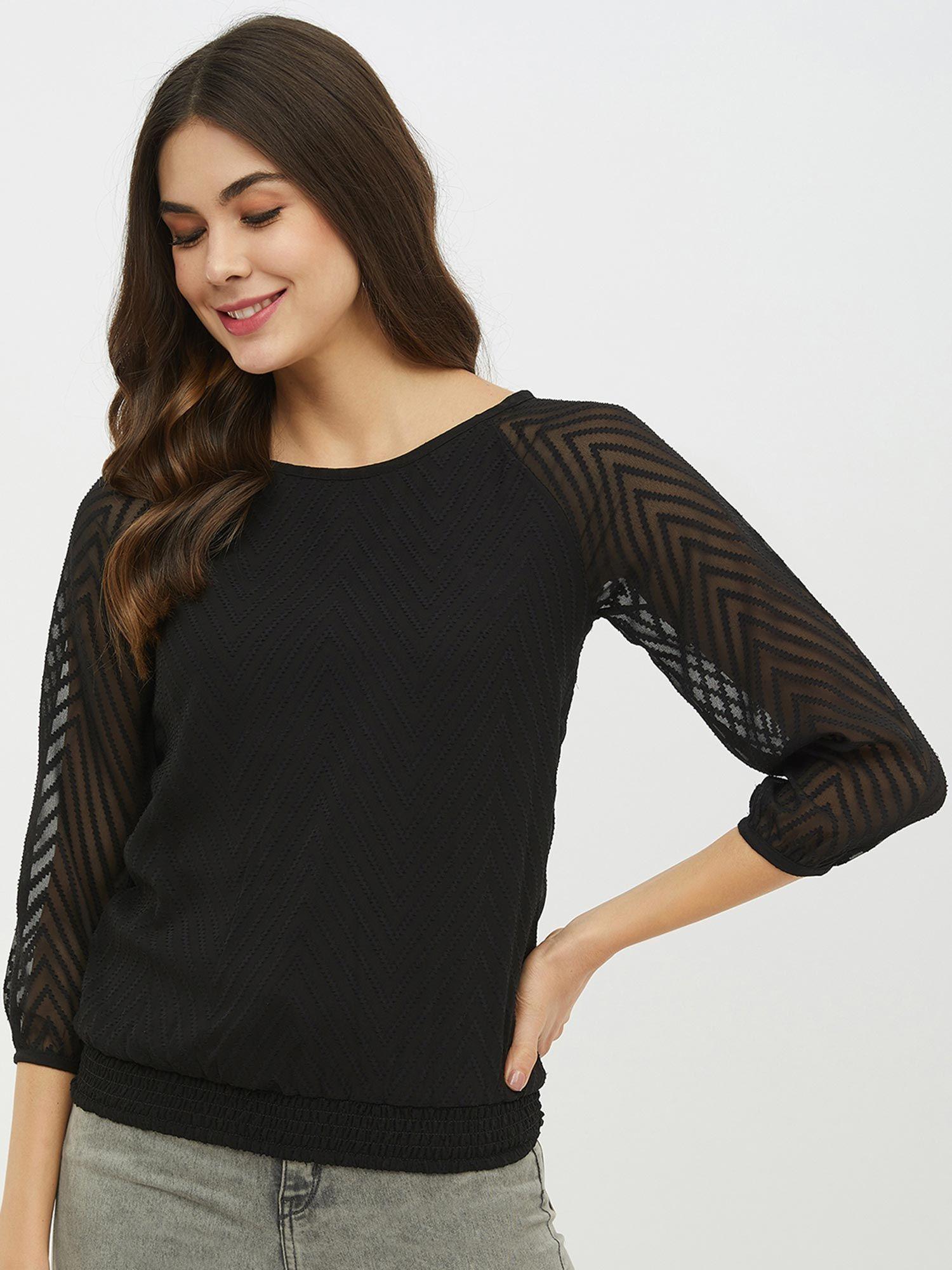 women round neck three-quarter sleeves self-design top