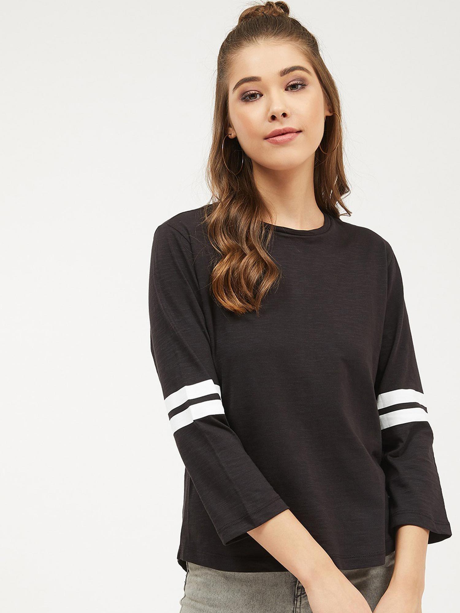 women round neck three-quarter sleeves solid t-shirt