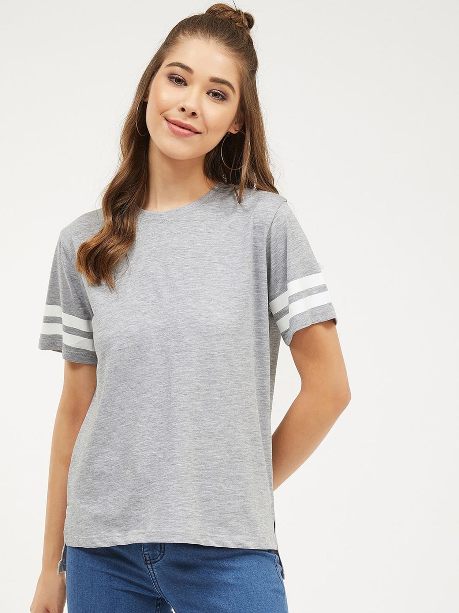 women round neck three-quarter sleeves solid t-shirt