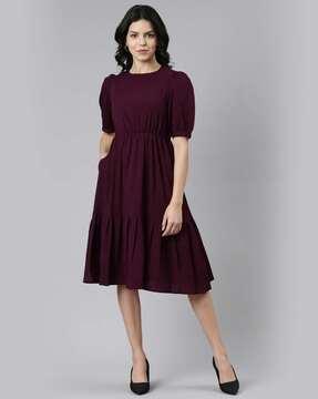 women round-neck tiered dress with puff sleeves