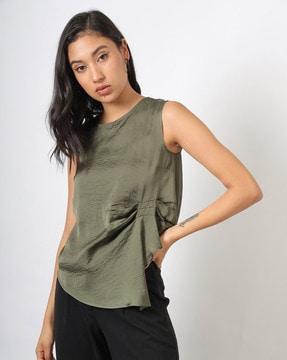 women round-neck top with elasticated waist seam