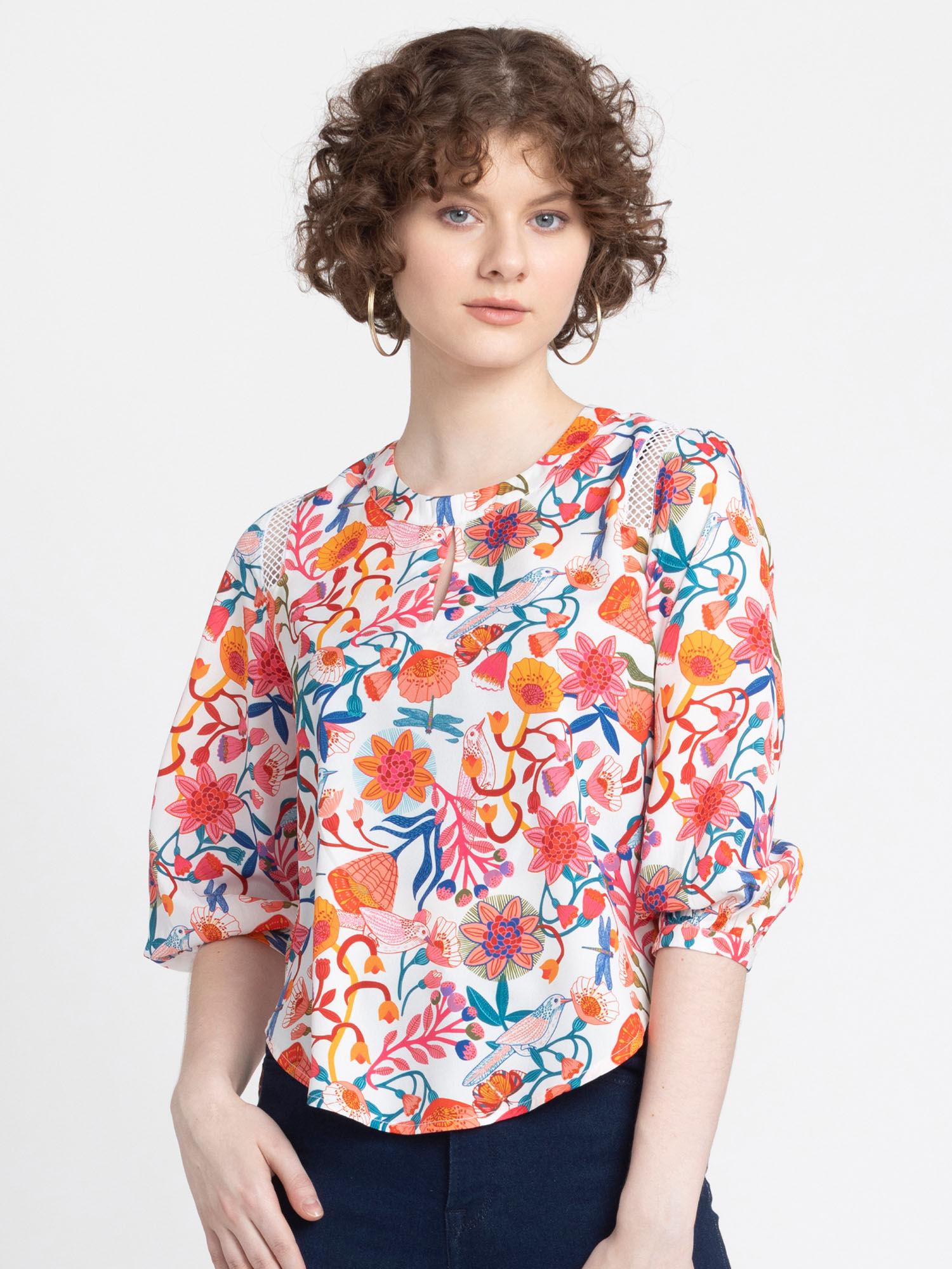 women round neck white floral print three fourth sleeves casual top