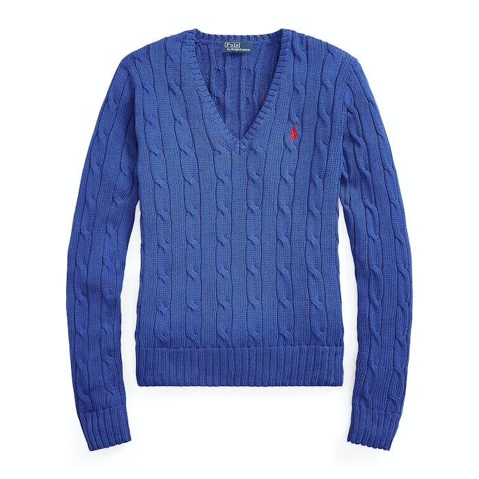 women royal blue cable-knit cotton v-neck sweater