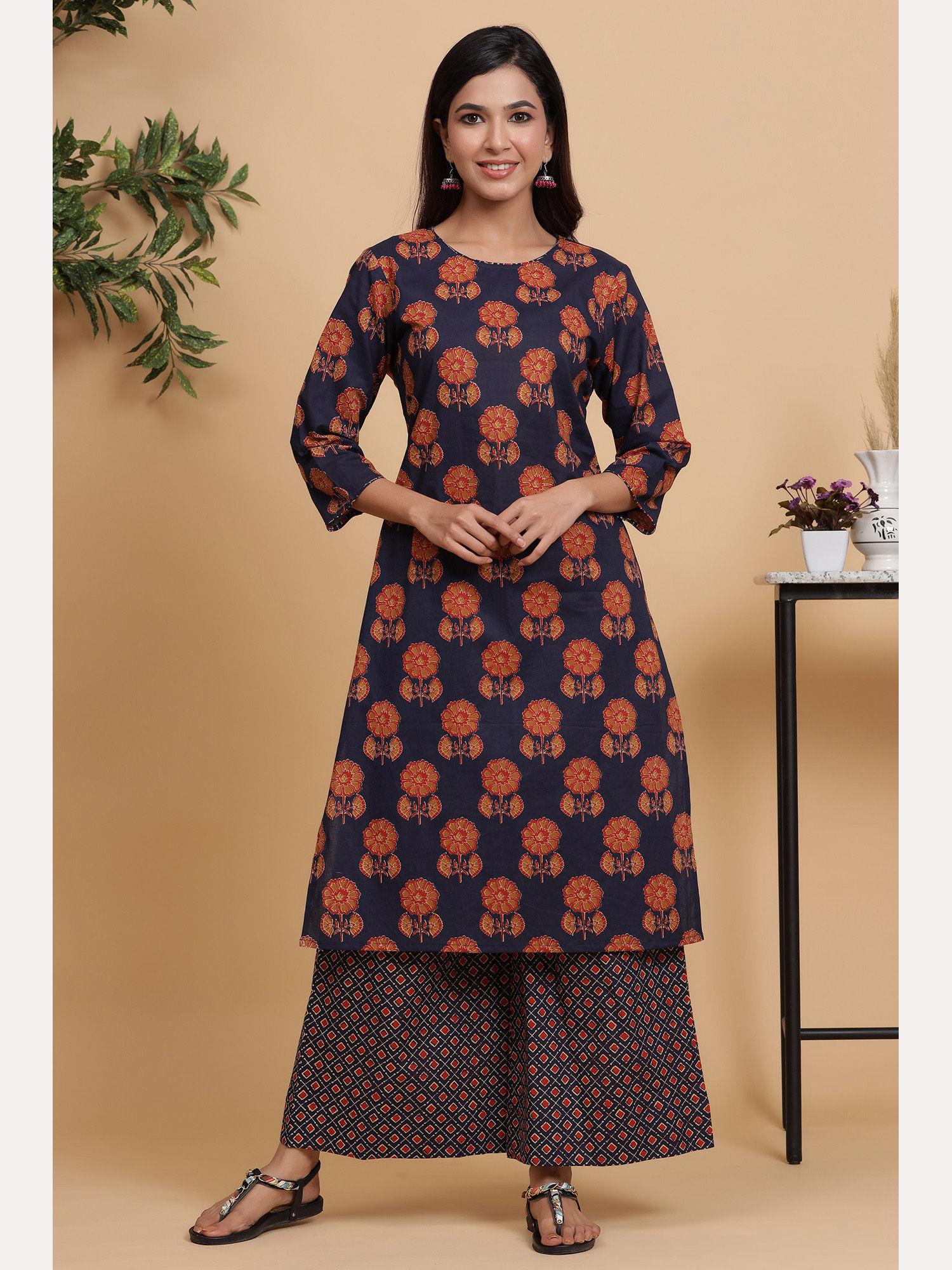 women royal blue on red blossom printed straight kurta