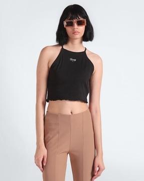 women ruche racer script slim fit crop top