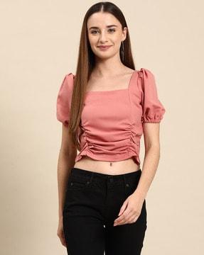 women ruched slim fit square-neck top