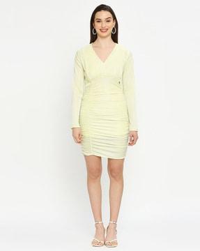 women ruched v-neck bodycon dress