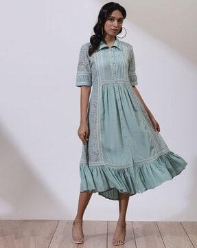 women ruffled fit & flare dress with collar neck
