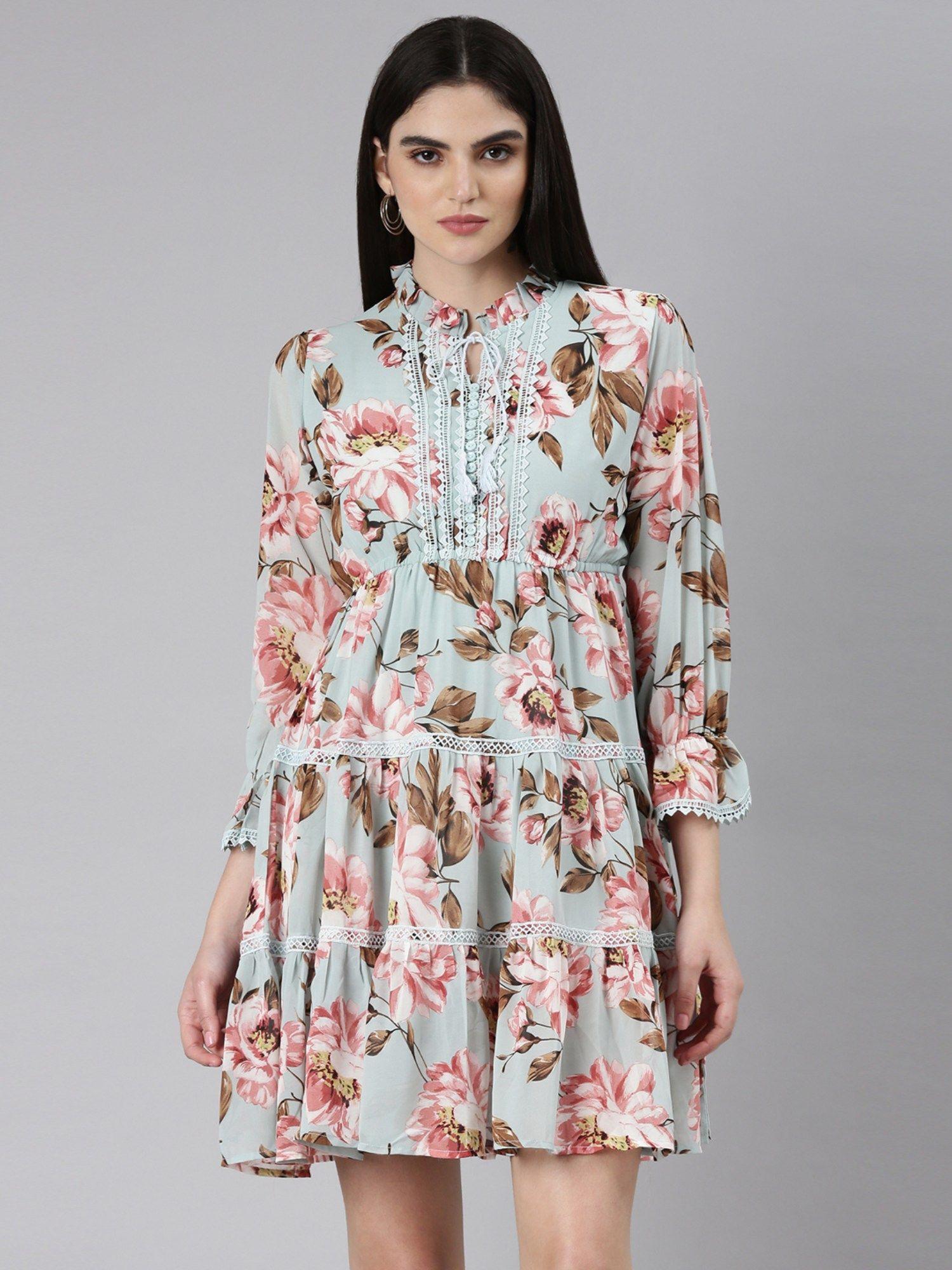 women ruffled neck floral sea green above knee dress