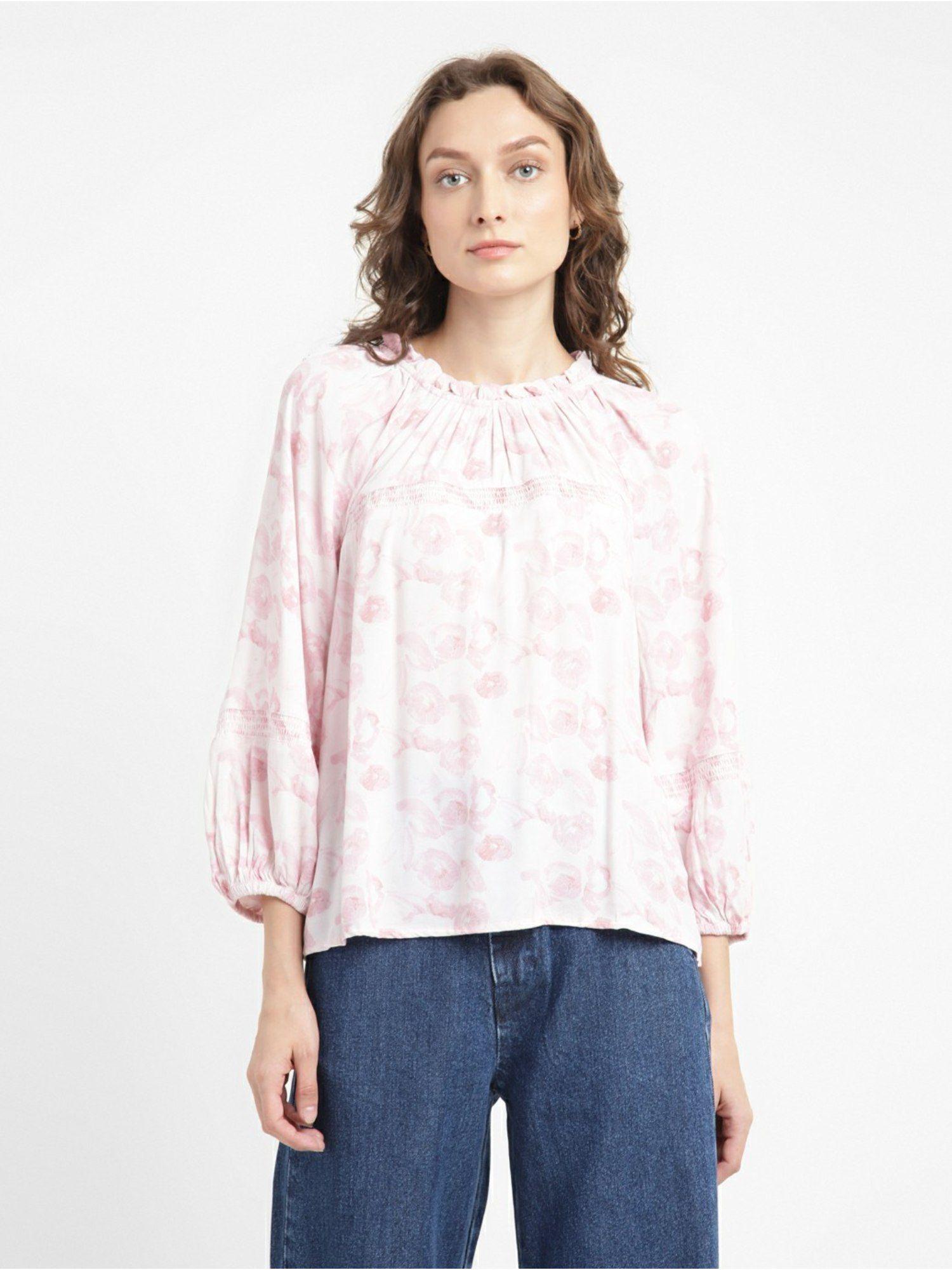 women ruffled neck top- white, pink