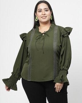 women ruffled regular fit top with neck tie-up