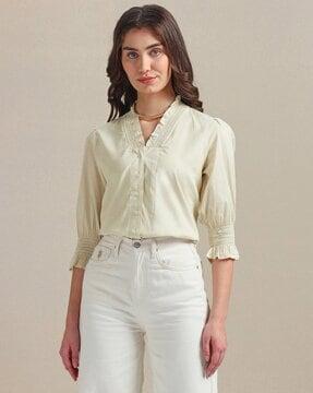 women ruffled relaxed fit v-neck cotton top