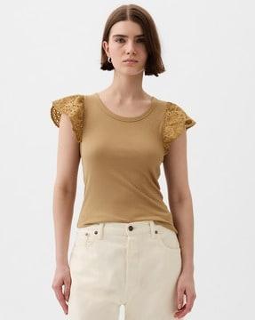 women ruffled sleeves ribbed top with eyelets