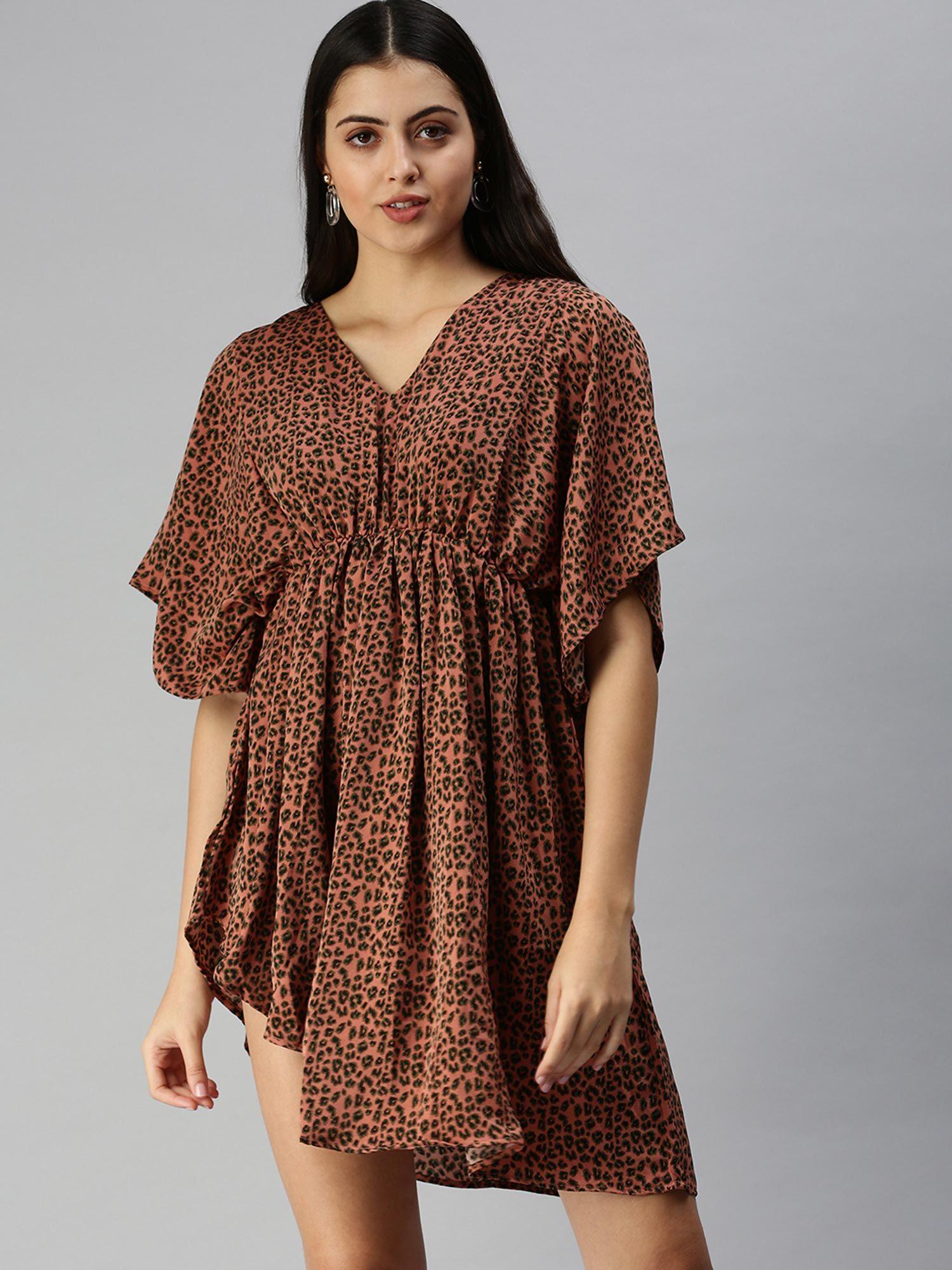 women rust animal print v-neck dress