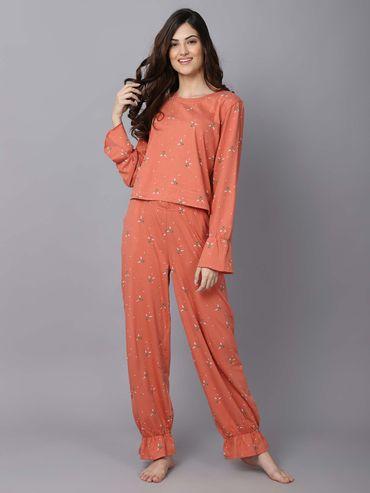 women rust brown printed night suit