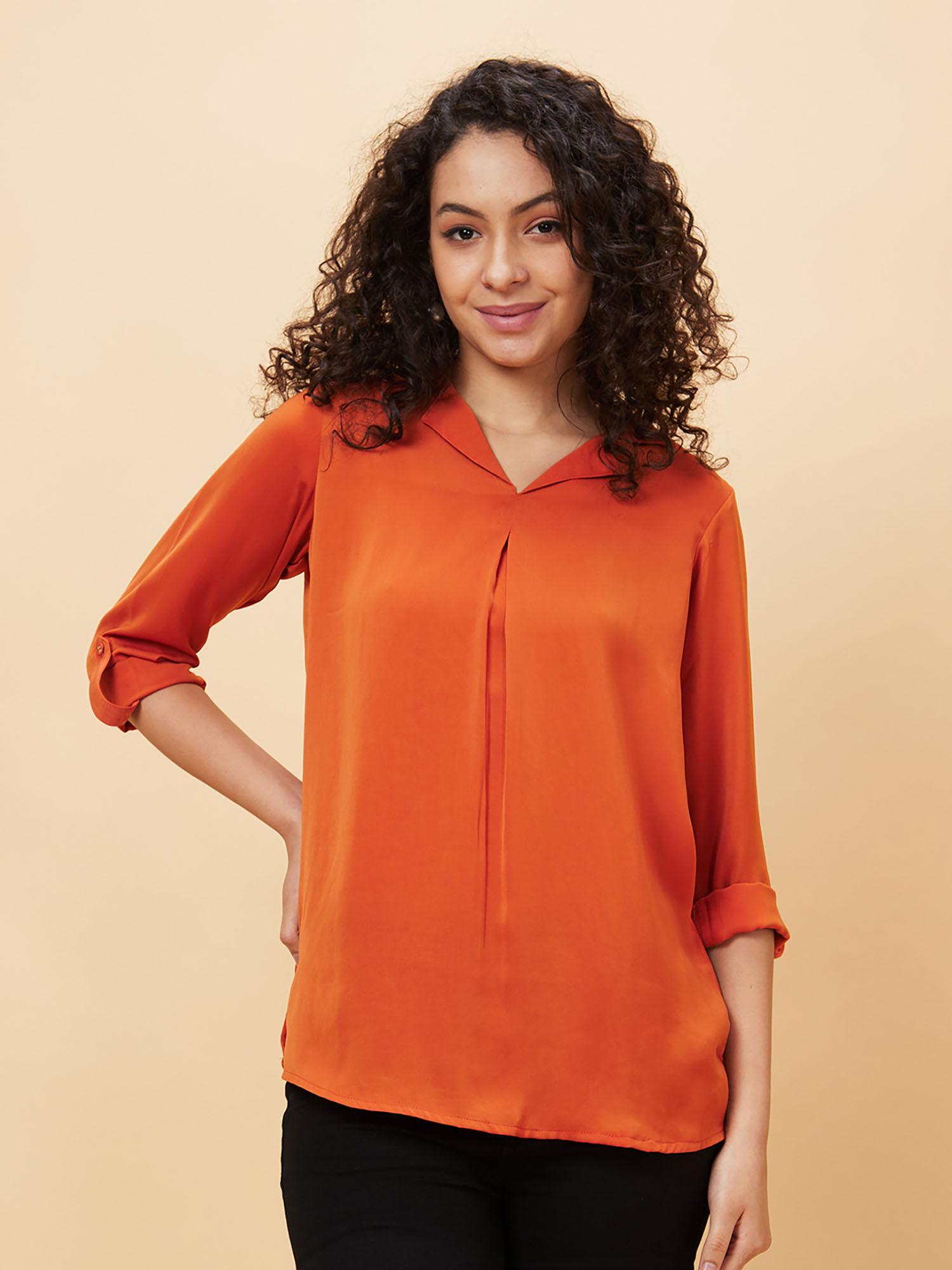 women rust collared roll up sleeve shirt style work wear top