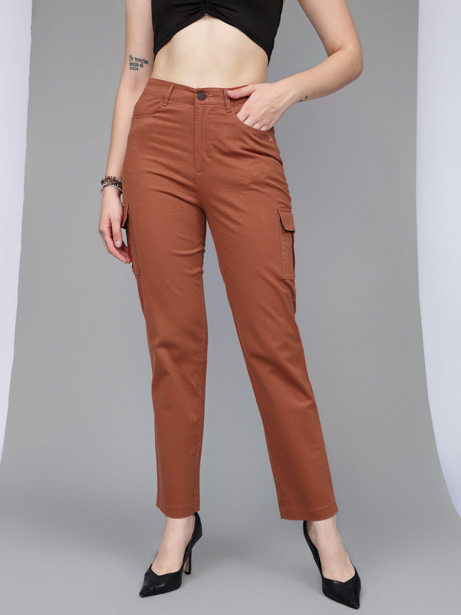 women rust comfort straight fit high-rise cotton cargo trousers