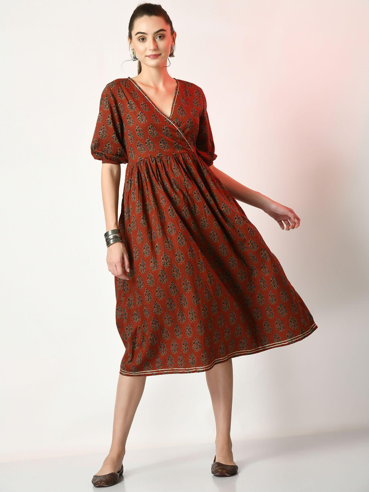 women rust empire printed dress