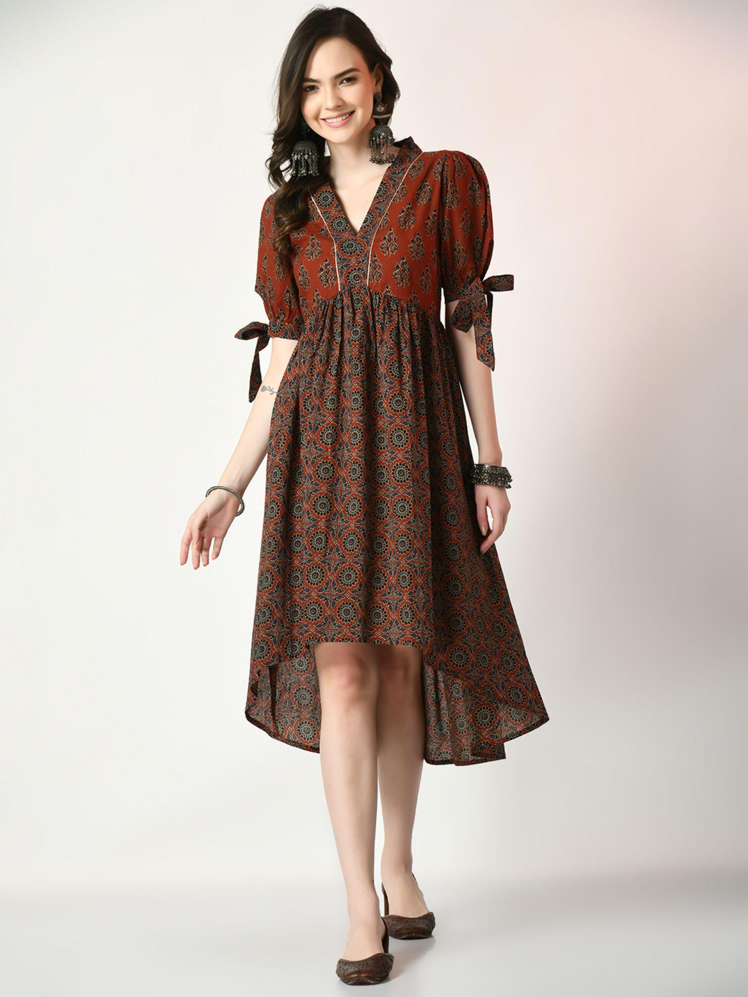 women rust empire printed dress