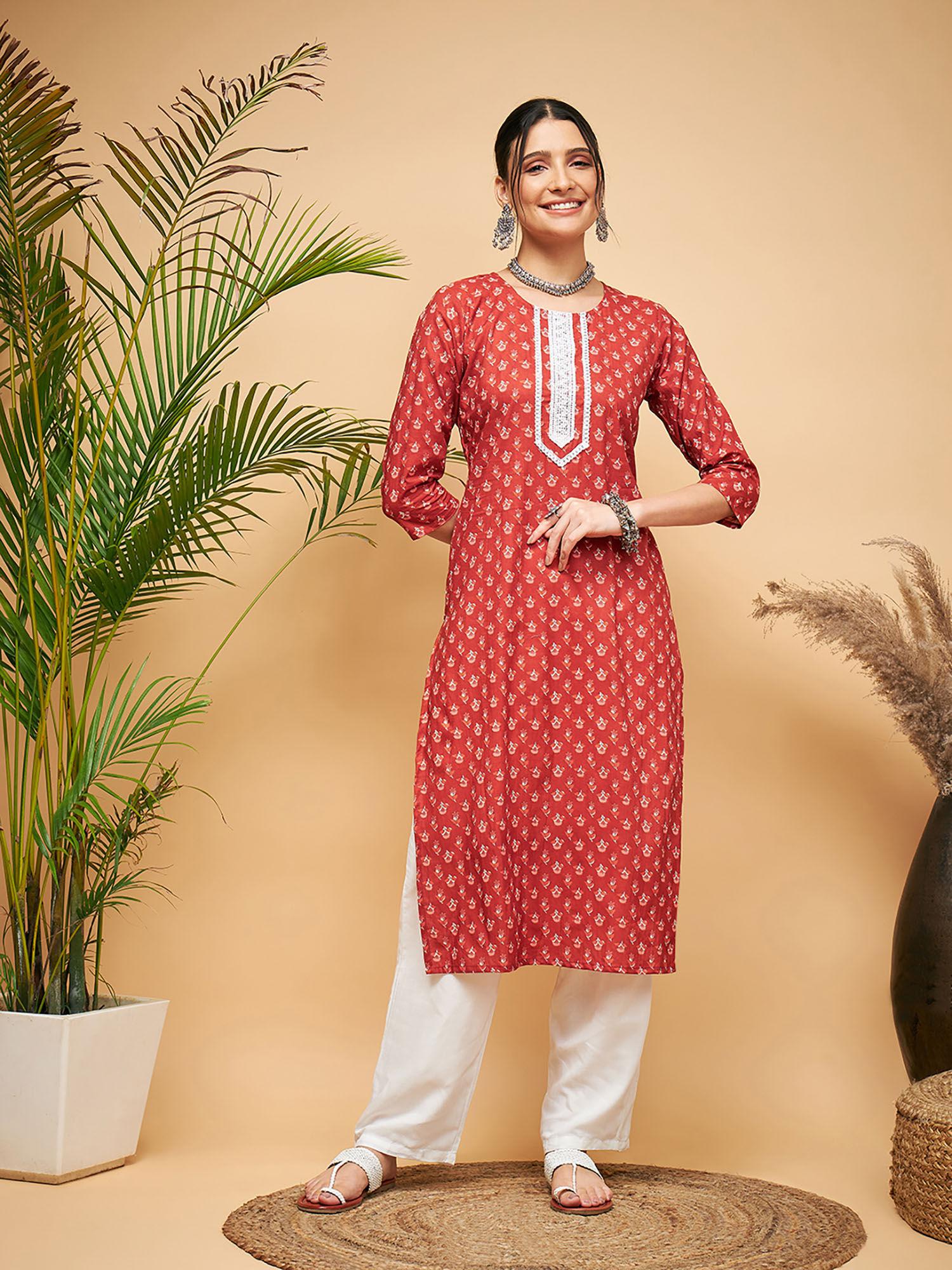 women rust floral kurta