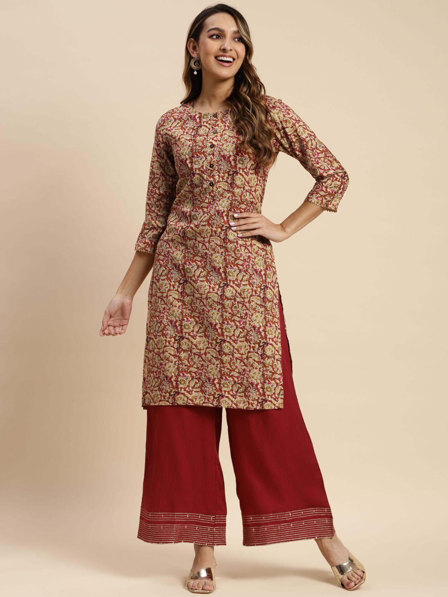 women rust floral printed knee length straight kurta