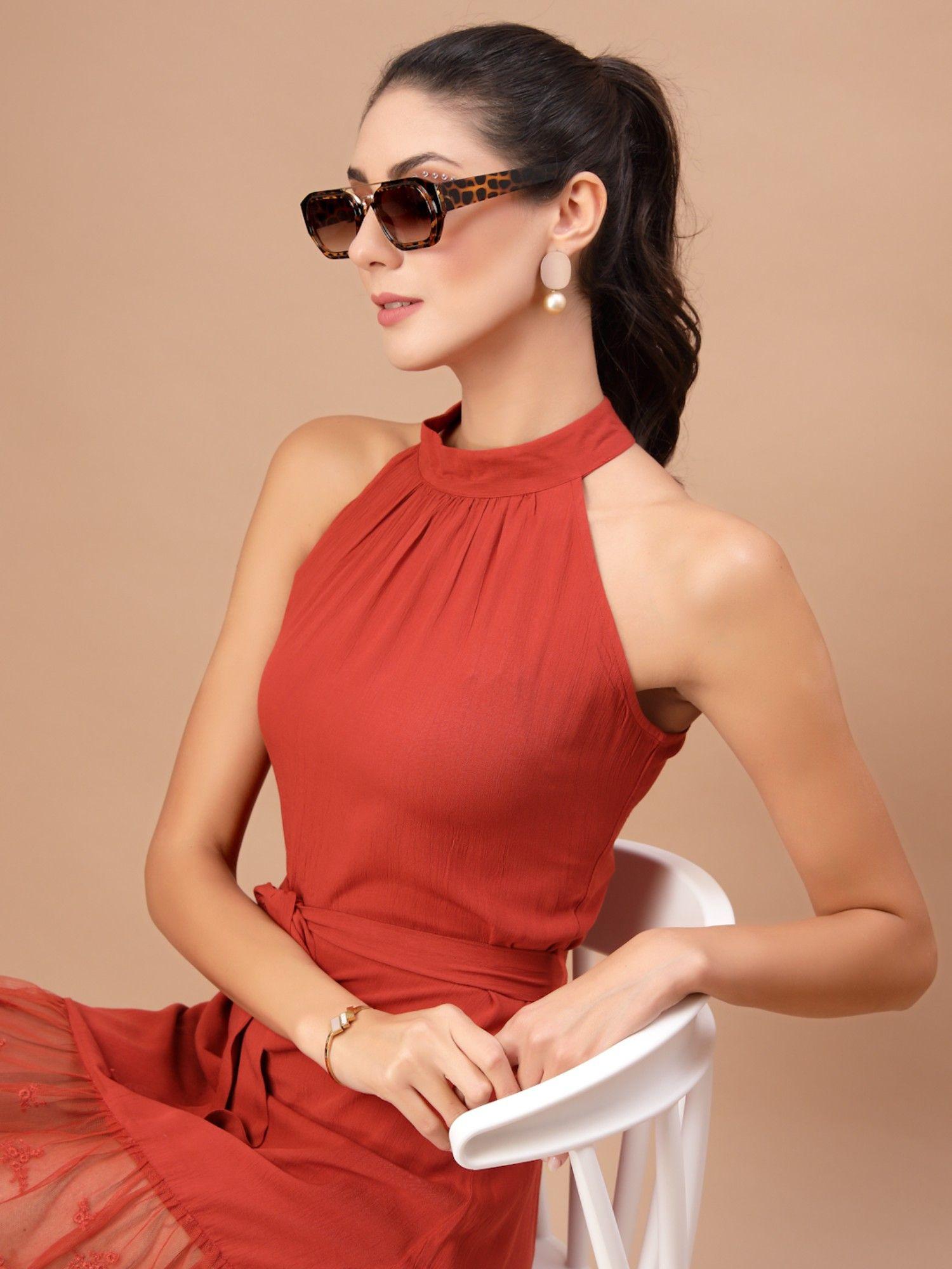 women rust halter neck sheath dress