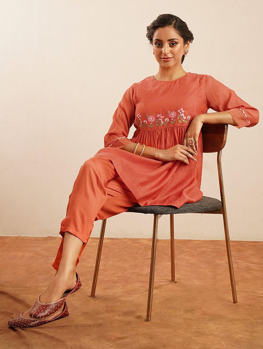 women rust orange cotton silk embroidered round neck regular fit tunics