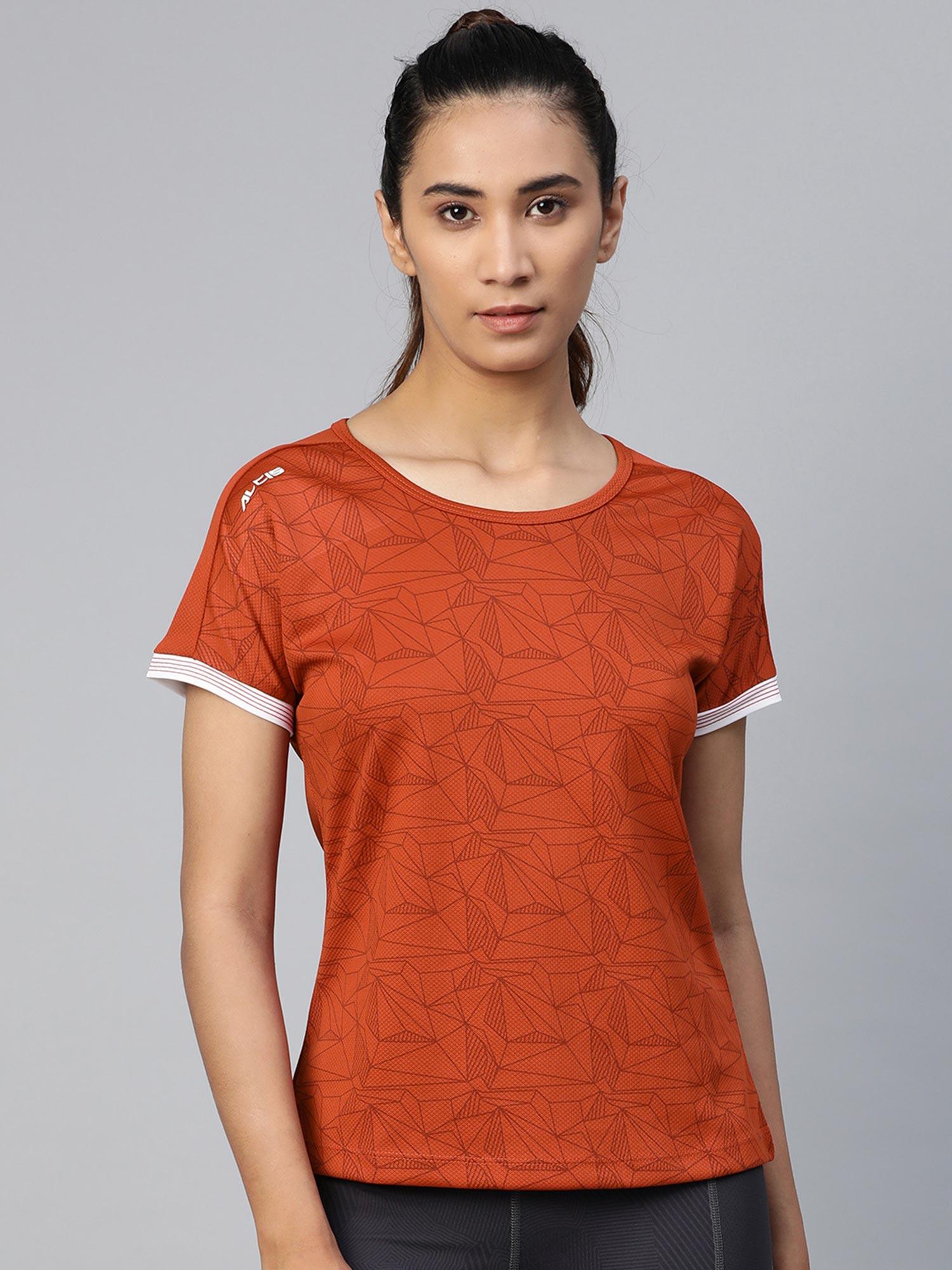 women rust orange maroon printed round neck tennis t-shirt