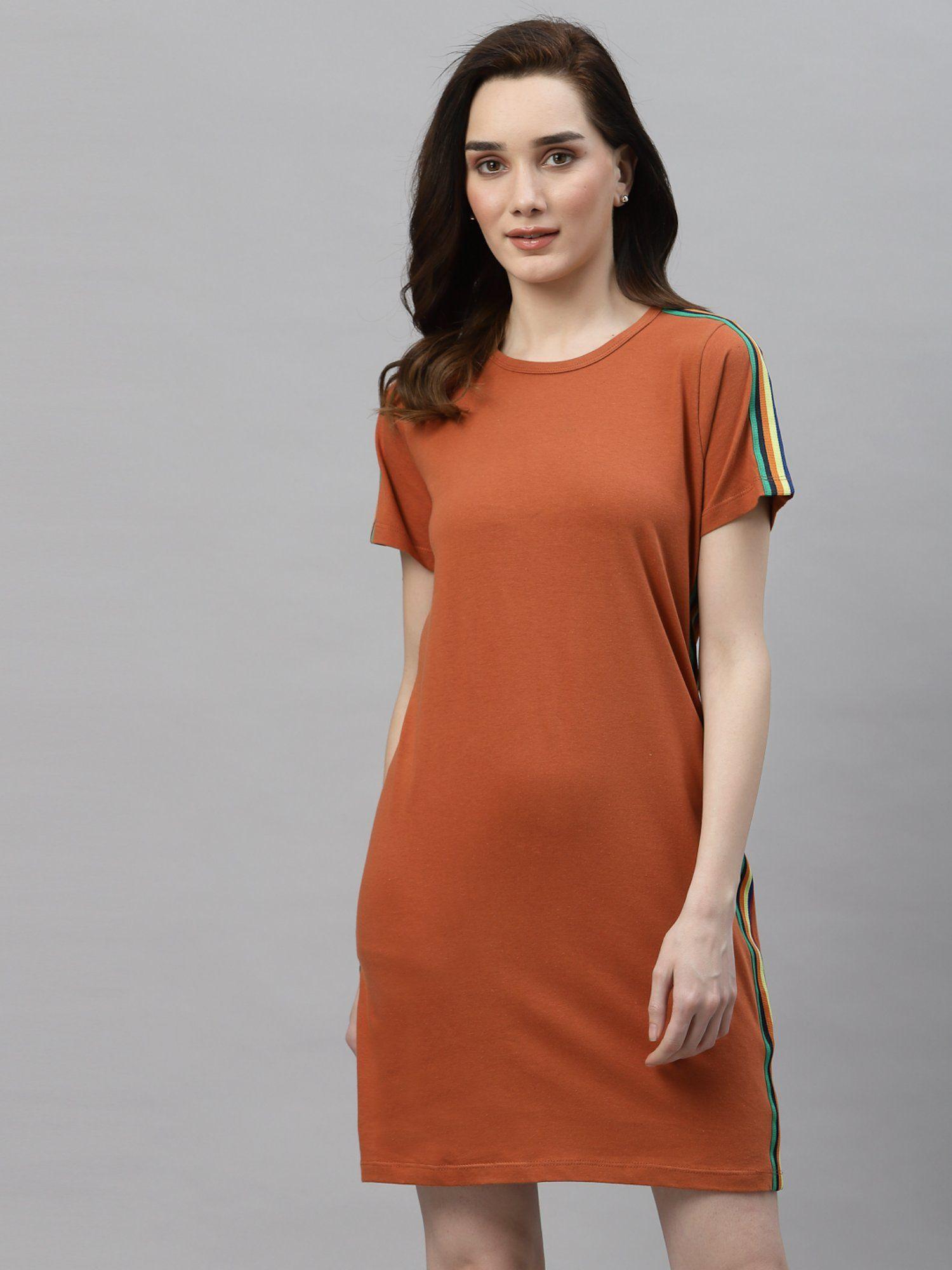 women rust orange round neck side tape dress