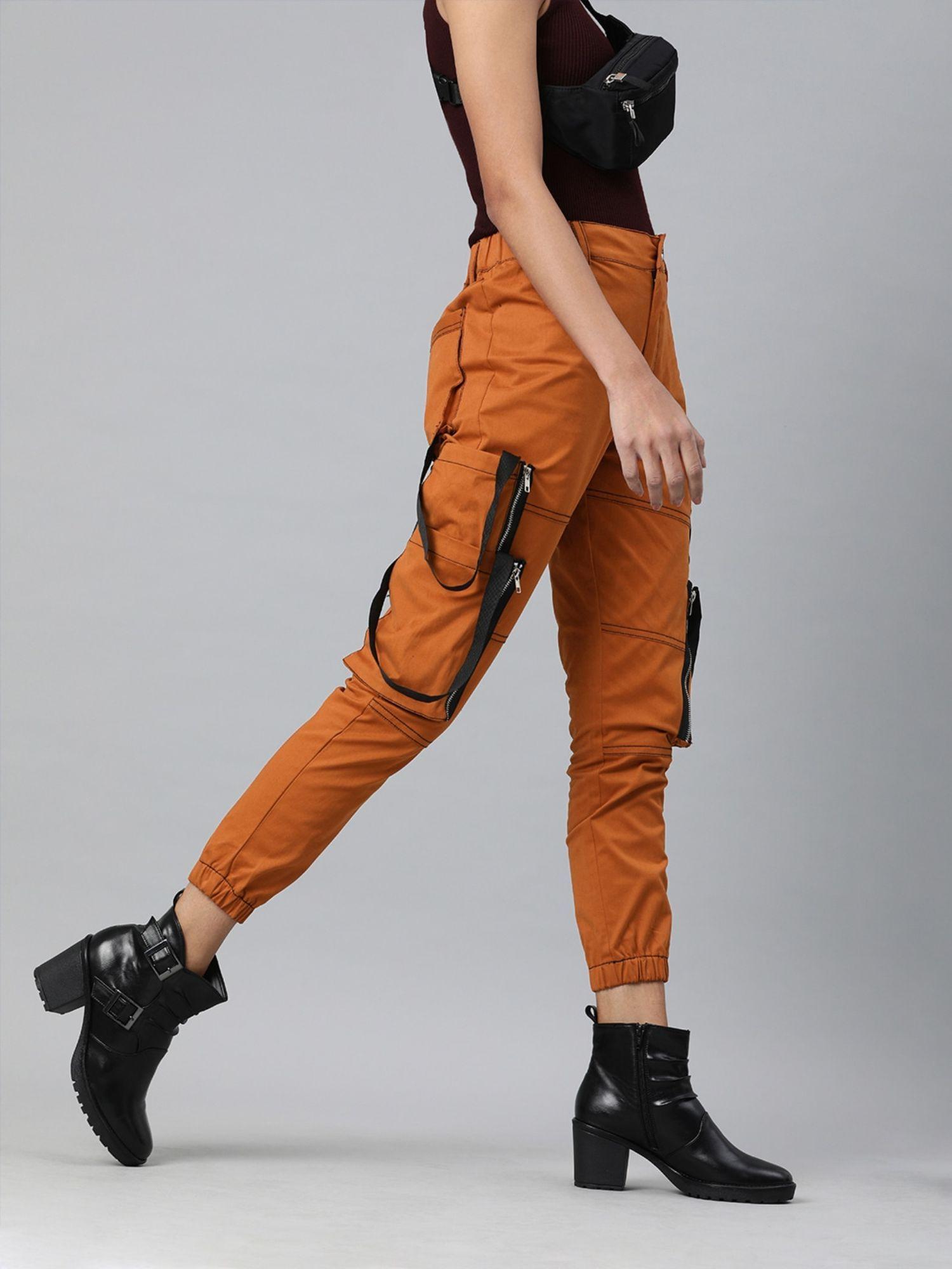 women rust orange slim fit solid cargo joggers