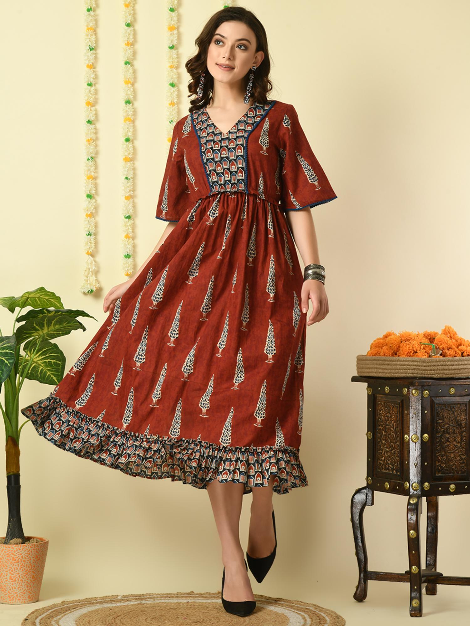 women rust printed cotton party dress