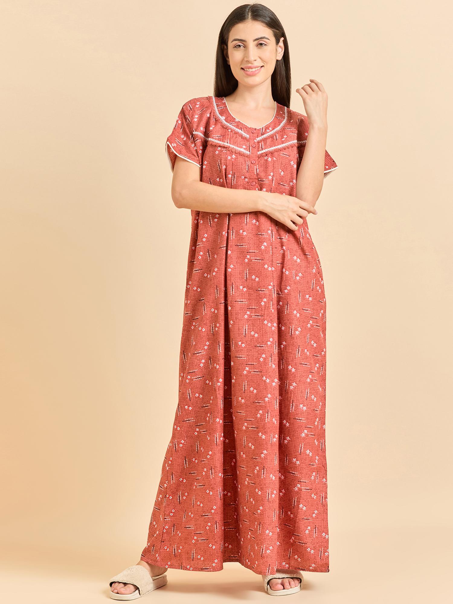 women rust printed half sleeves nightdress