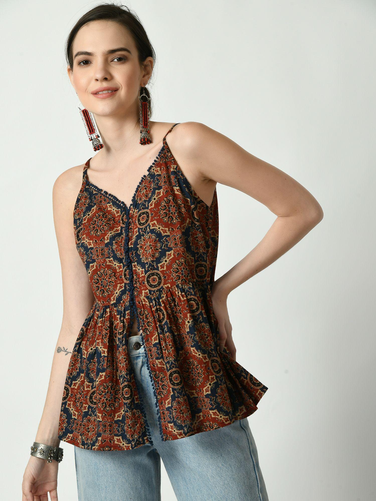 women rust printed sweetheart neck top